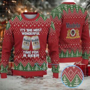 Red & Green Christmas Tree Pattern “Modelo Beer Holiday Cheer” Ugly Sweater