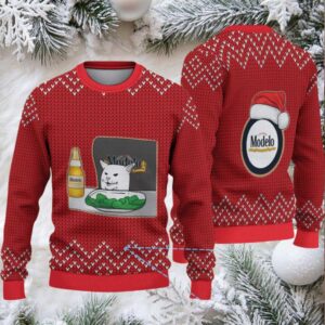 Red Knit Pattern “Modelo Beer Cat Meme & Santa Hat” Funny Ugly Christmas Sweater