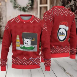Red Knit Pattern “Modelo Beer Cat Meme & Santa Hat” Funny Ugly Christmas Sweater
