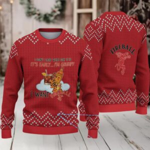 Red Knitted Pattern “Grumpy Tiger & Fireball Cinnamon Whisky Bottle” Ugly Christmas Sweater