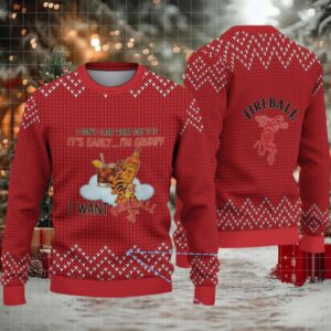 Red Knitted Pattern “Grumpy Tiger & Fireball Cinnamon Whisky Bottle” Ugly Christmas Sweater