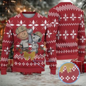 Red Nordic Snowflake Ugly Christmas Sweater Snoopy and Charlie Brown with Championship Trophy and Gold Bow Pattern