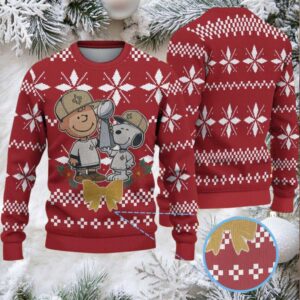 Red Nordic Snowflake Ugly Christmas Sweater Snoopy and Charlie Brown with Championship Trophy and Gold Bow Pattern