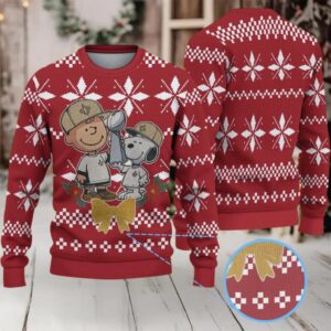 Red Nordic Snowflake Ugly Christmas Sweater Snoopy and Charlie Brown with Championship Trophy and Gold Bow Pattern