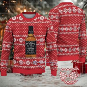 Red Snowflake Fair Isle Ugly Christmas Sweater Jack Daniel’s Tennessee Whiskey Bottle Pattern