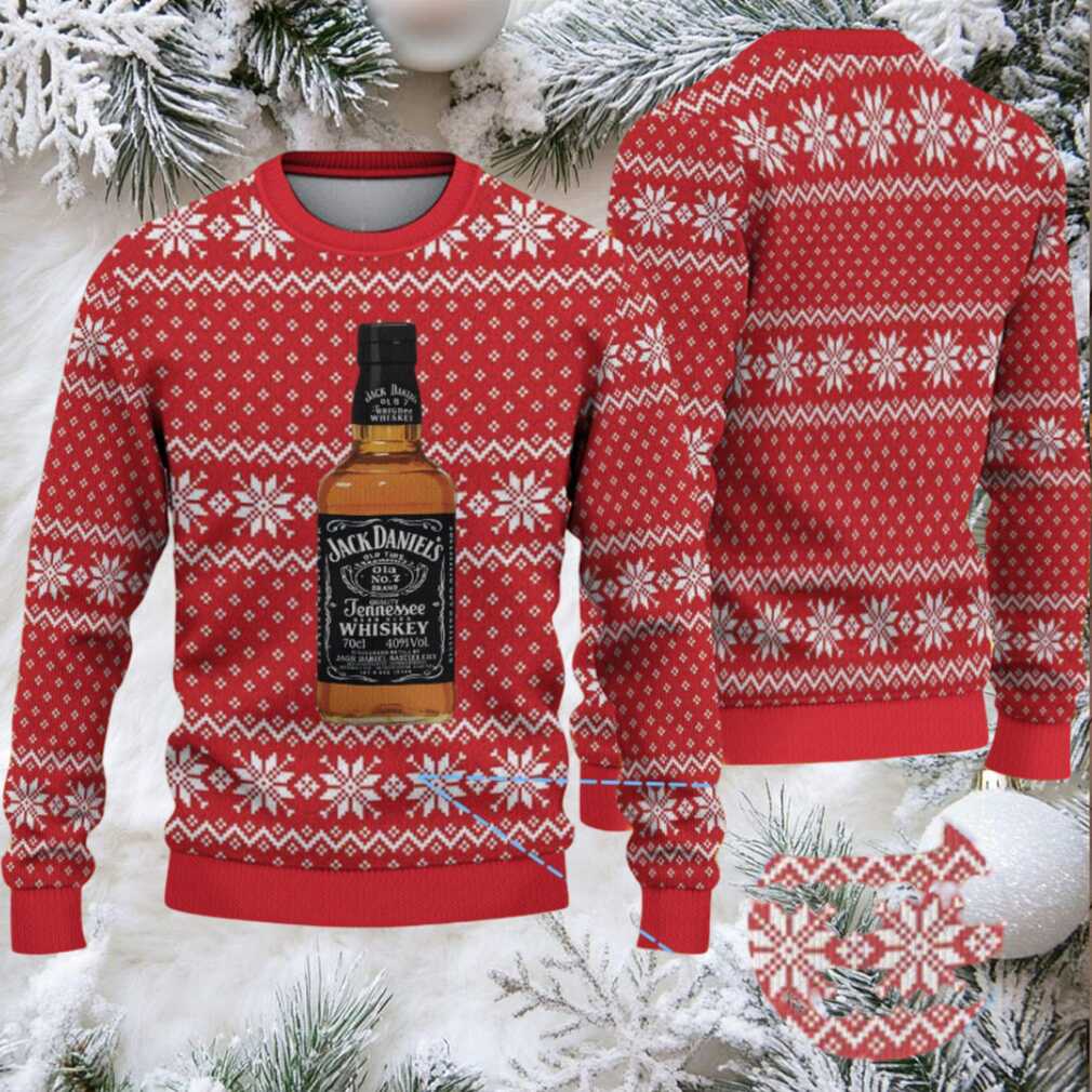 Red Snowflake Fair Isle Ugly Christmas Sweater Jack Daniel’s Tennessee Whiskey Bottle Pattern