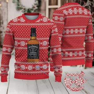 Red Snowflake Fair Isle Ugly Christmas Sweater Jack Daniel’s Tennessee Whiskey Bottle Pattern