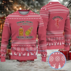 Red Snowflake & Reindeer Pattern “Drinking and Casting Fireball” Ugly Christmas Sweater – Fireball Cinnamon Whisky Edition