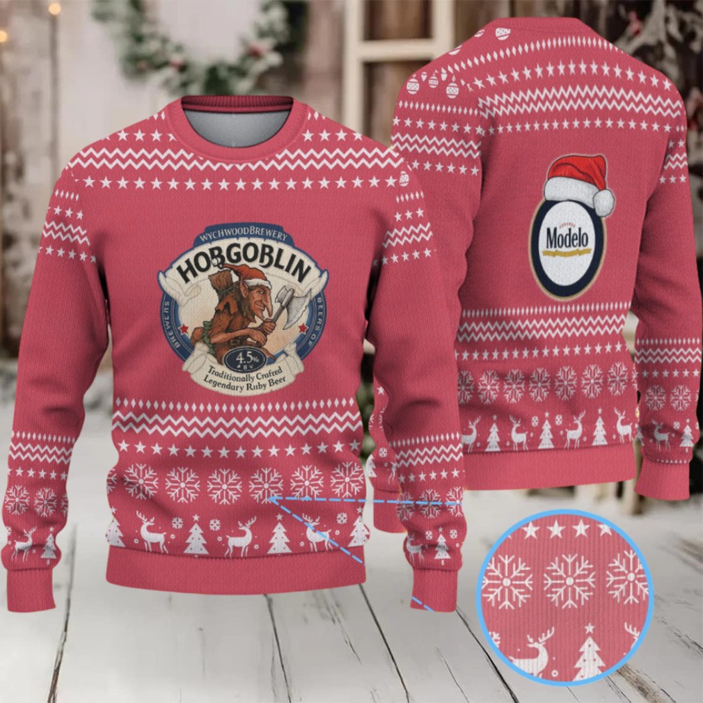 Red Snowflake & Reindeer Pattern “Hobgoblin x Modelo Beer Festive” Ugly Christmas Sweater