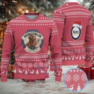 Red Snowflake & Reindeer Pattern “Hobgoblin x Modelo Beer Festive” Ugly Christmas Sweater
