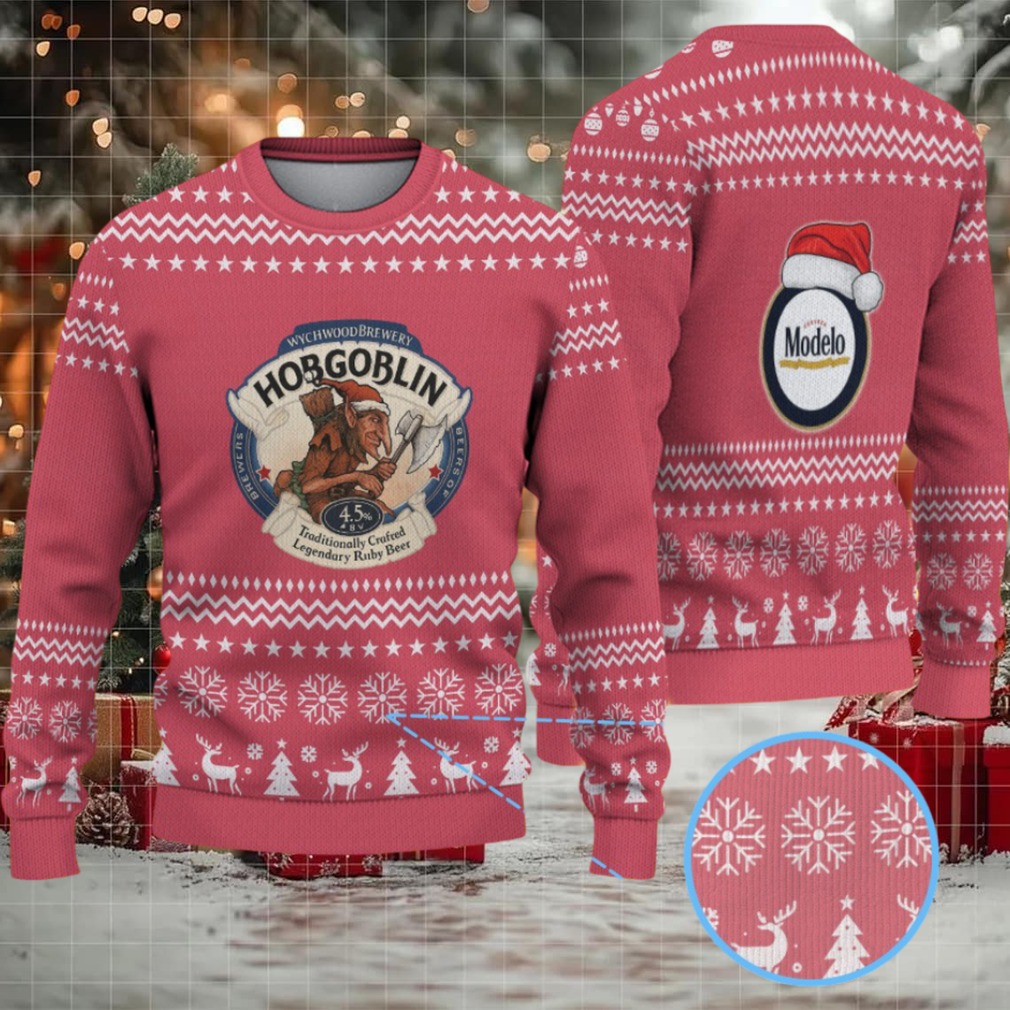 Red Snowflake & Reindeer Pattern “Hobgoblin x Modelo Beer Festive” Ugly Christmas Sweater Red Snowflake & Reindeer Pattern “Hobgoblin x Modelo Beer Festive” Ugly Christmas Sweater