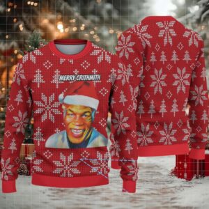 Red Snowflake Ugly Christmas Sweater Mike Tyson in Santa Hat