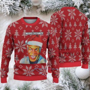 Red Snowflake Ugly Christmas Sweater Mike Tyson in Santa Hat