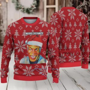 Red Snowflake Ugly Christmas Sweater Mike Tyson in Santa Hat