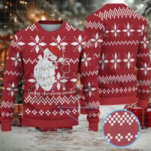 Red Ugly Christmas Sweater with White Geometric Snowflake Pattern Featuring Nurse Heart Anatomy