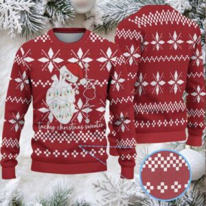 Red Ugly Christmas Sweater with White Geometric Snowflake Pattern Featuring Nurse Heart Anatomy