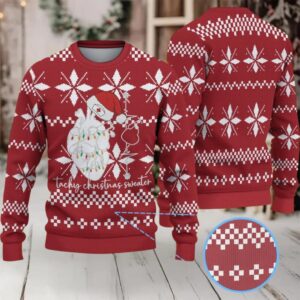 Red Ugly Christmas Sweater with White Geometric Snowflake Pattern Featuring Nurse Heart Anatomy