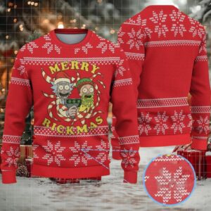 Red Ugly Christmas Sweater with White Snowflake Pattern Featuring Rick and Morty Merry Rickmas