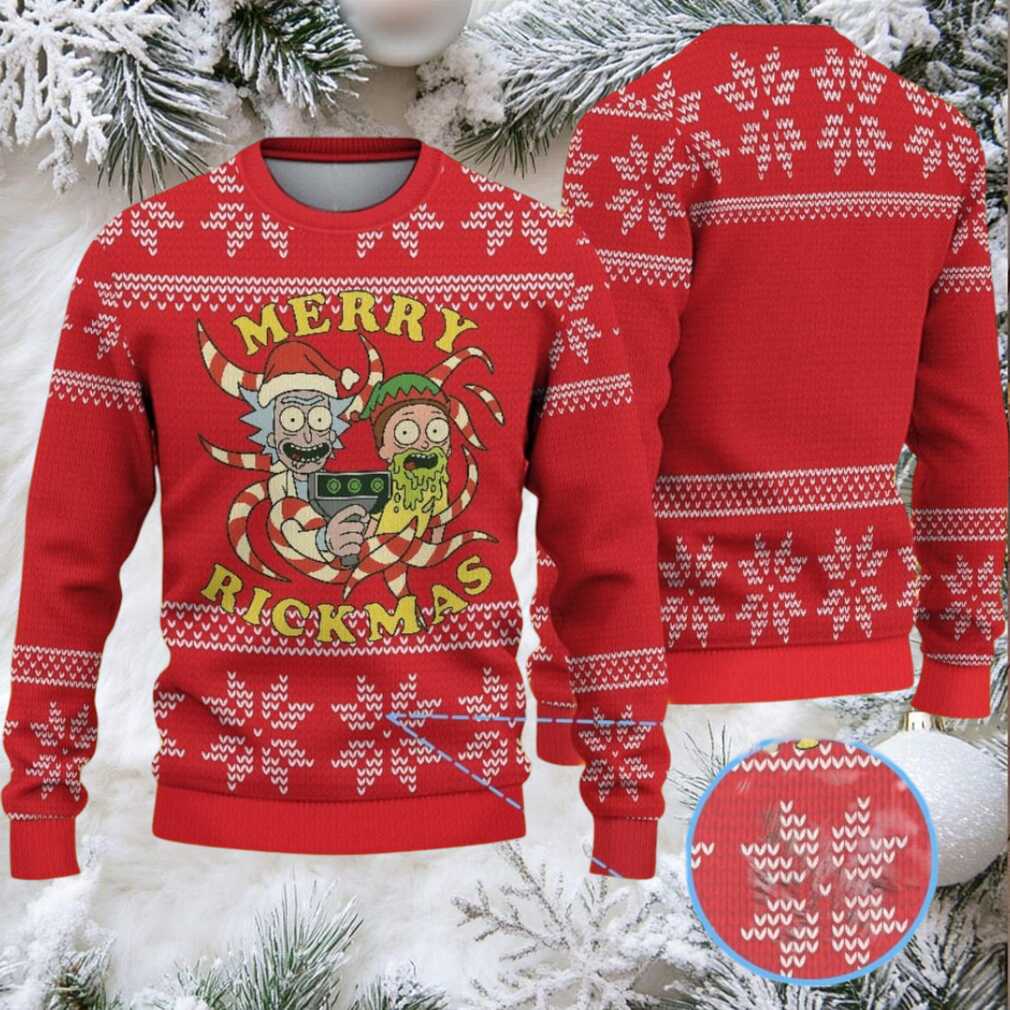 Red Ugly Christmas Sweater with White Snowflake Pattern Featuring Rick and Morty Merry Rickmas