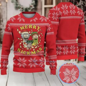 Red Ugly Christmas Sweater with White Snowflake Pattern Featuring Rick and Morty Merry Rickmas