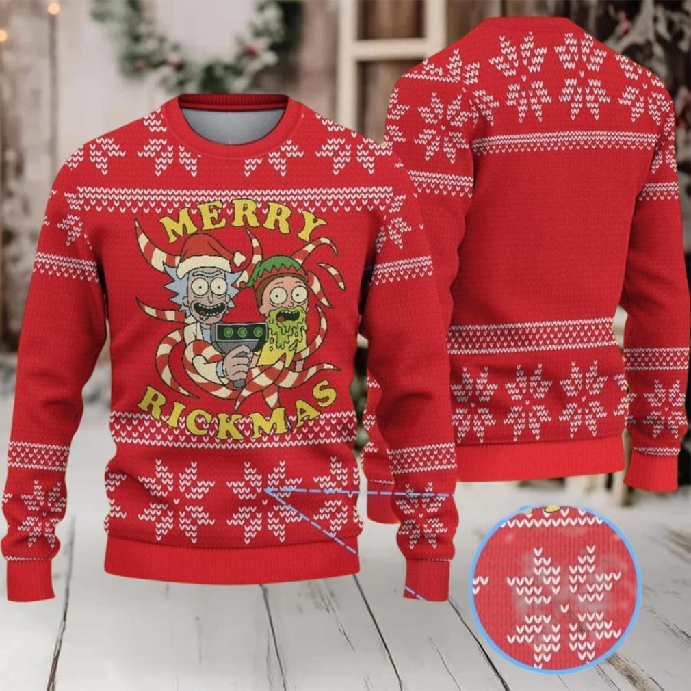Red Ugly Christmas Sweater with White Snowflake Pattern Featuring Rick and Morty Merry Rickmas Red Ugly Christmas Sweater with White Snowflake Pattern Featuring Rick and Morty Merry Rickmas
