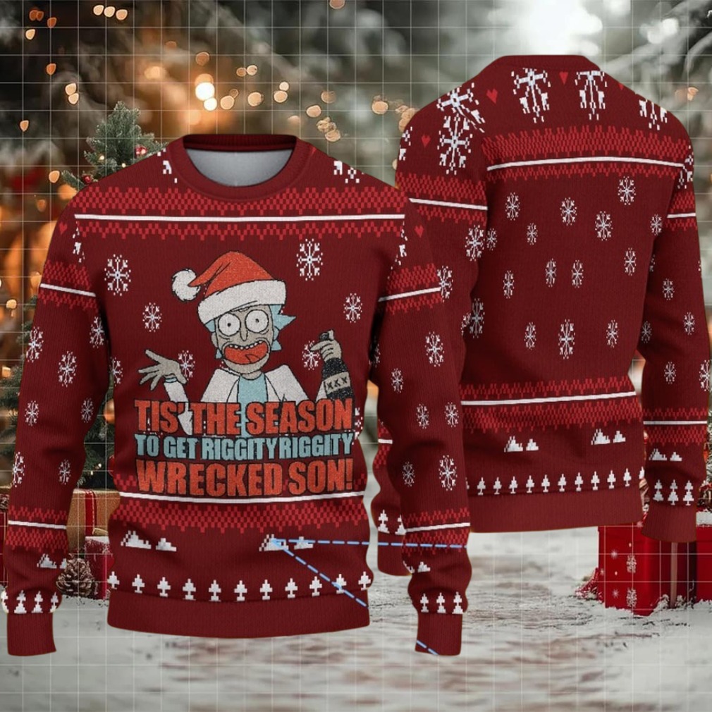 Red Ugly Christmas Sweater with White Snowflake and Tree Pattern Featuring Rick and Morty Get Schwifty Holiday