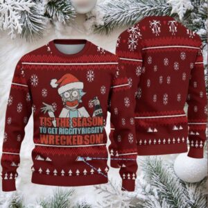 Red Ugly Christmas Sweater with White Snowflake and Tree Pattern Featuring Rick and Morty Get Schwifty Holiday