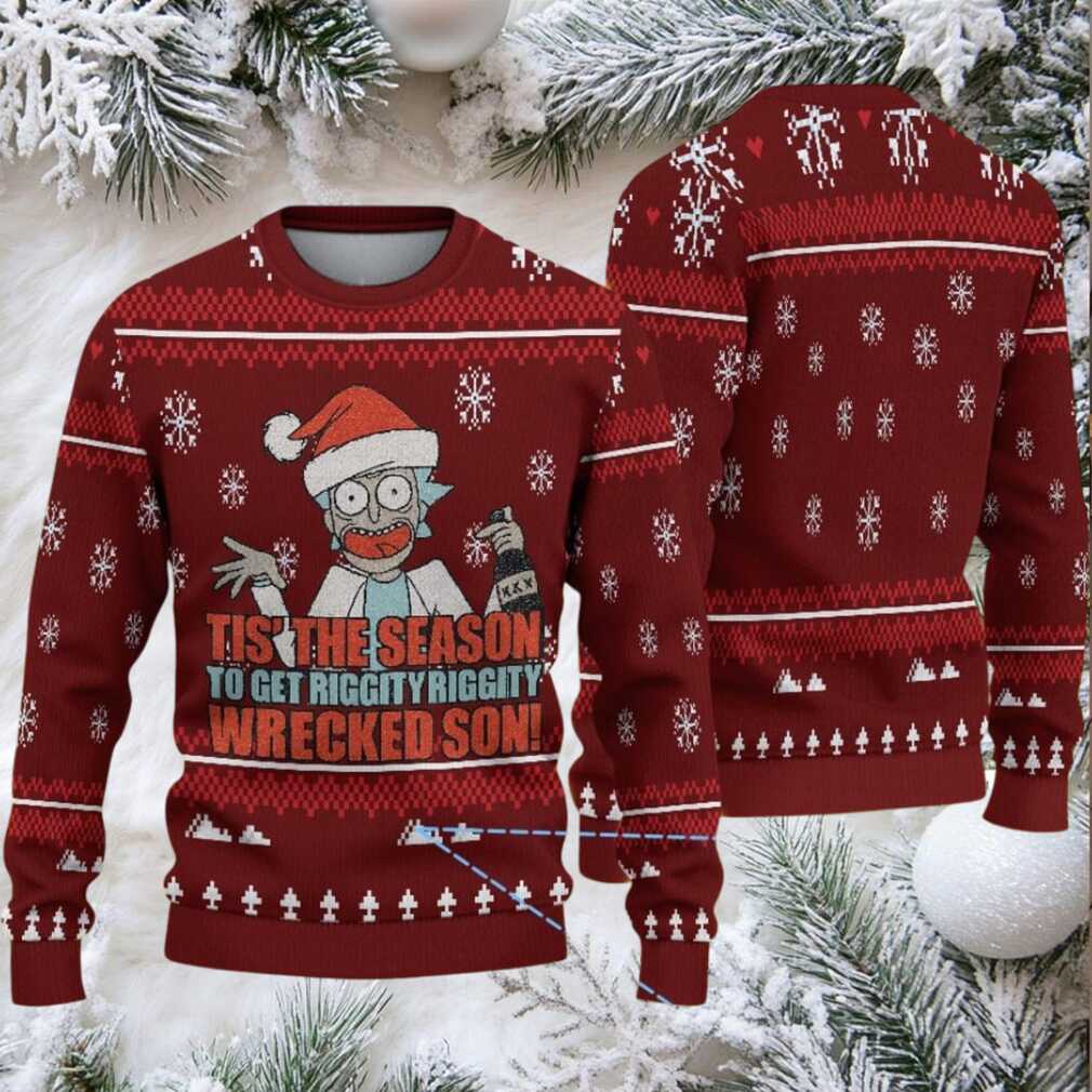 Red Ugly Christmas Sweater with White Snowflake and Tree Pattern Featuring Rick and Morty Get Schwifty Holiday