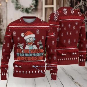 Red Ugly Christmas Sweater with White Snowflake and Tree Pattern Featuring Rick and Morty Get Schwifty Holiday