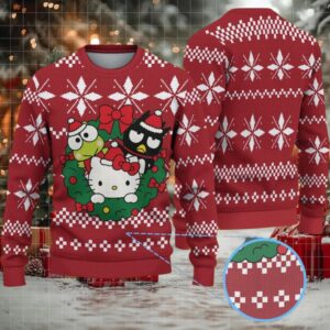 Red Ugly Christmas Sweater with White Star Pattern Featuring Hello Kitty with Keroppi and Badtz Maru in Holiday Wreath
