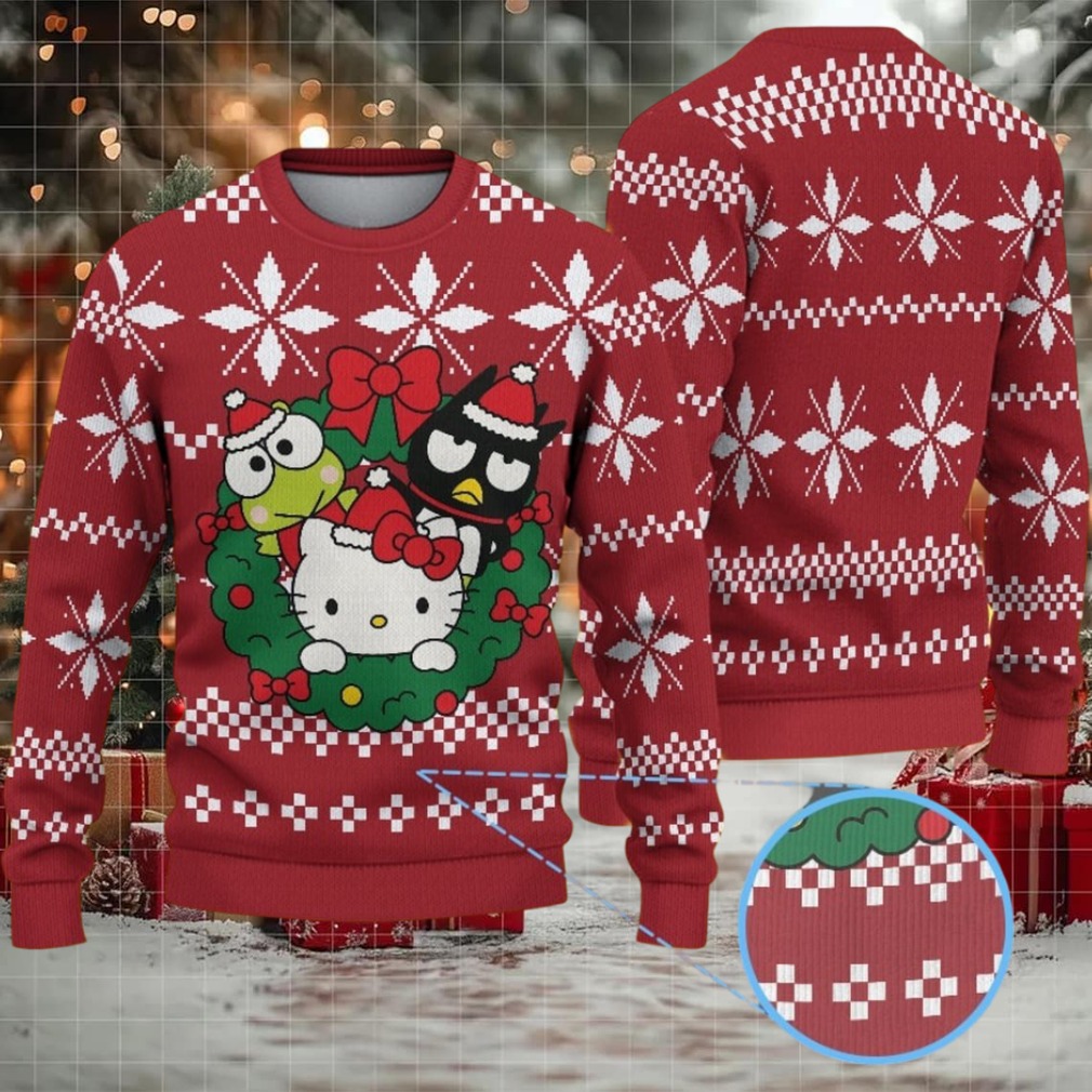 Red Ugly Christmas Sweater with White Star Pattern Featuring Hello Kitty with Keroppi and Badtz Maru in Holiday Wreath