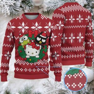Red Ugly Christmas Sweater with White Star Pattern Featuring Hello Kitty with Keroppi and Badtz Maru in Holiday Wreath
