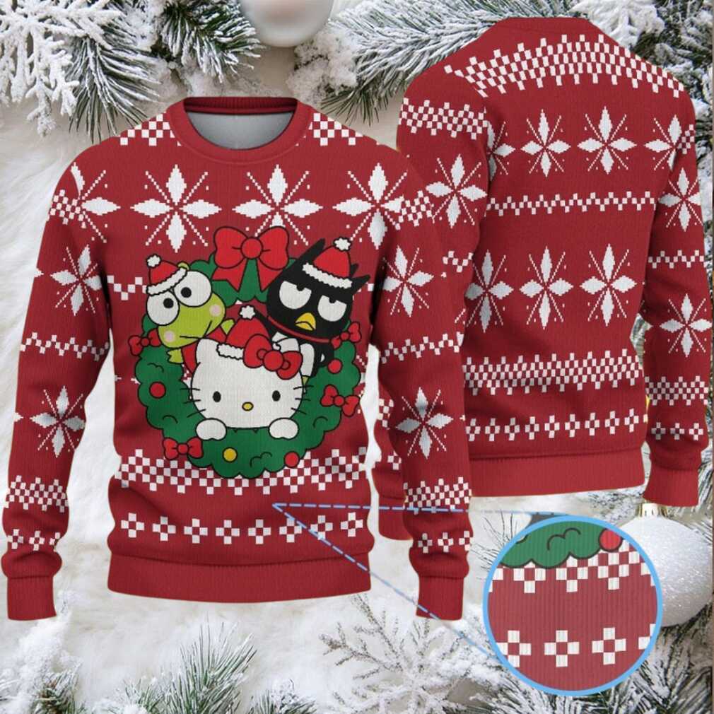 Red Ugly Christmas Sweater with White Star Pattern Featuring Hello Kitty with Keroppi and Badtz Maru in Holiday Wreath