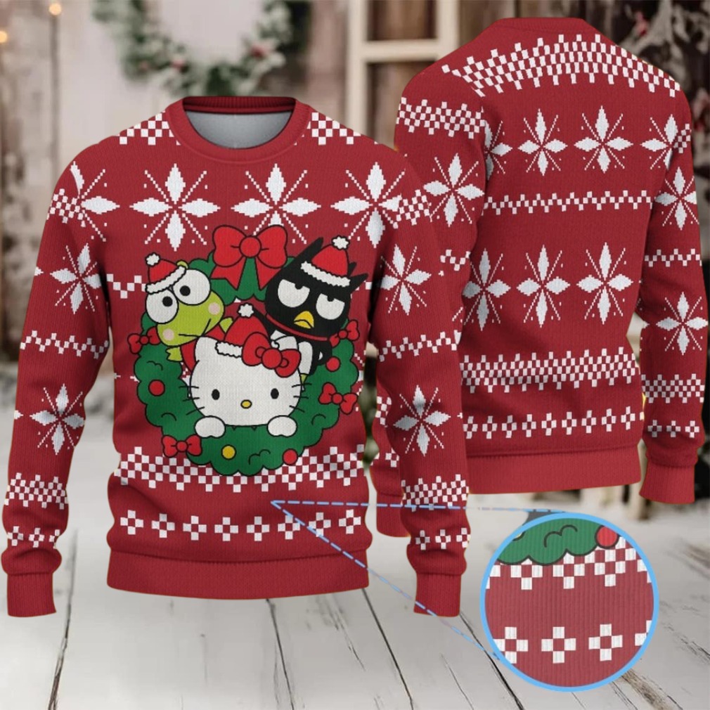 Red Ugly Christmas Sweater with White Star Pattern Featuring Hello Kitty with Keroppi and Badtz Maru in Holiday Wreath Red Ugly Christmas Sweater with White Star Pattern Featuring Hello Kitty with Keroppi and Badtz Maru in Holiday Wreath
