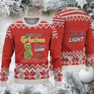 Red & White Knit Pattern “Drink Up Grinches – It’s Christmas” Coors Light Ugly Christmas Sweater