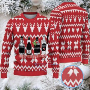 Red White Reindeer and Snowflake Pattern “Full of Christmas Spirits” Ugly Christmas Sweater Featuring Tito’s Handmade Vodka
