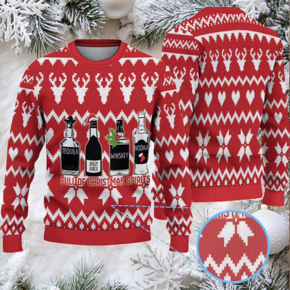 Red White Reindeer and Snowflake Pattern “Full of Christmas Spirits” Ugly Christmas Sweater Featuring Tito’s Handmade Vodka Red White Reindeer and Snowflake Pattern “Full of Christmas Spirits” Ugly Christmas Sweater Featuring Tito’s Handmade Vodka