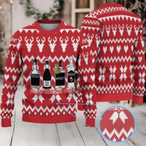 Red White Reindeer and Snowflake Pattern “Full of Christmas Spirits” Ugly Christmas Sweater Featuring Tito’s Handmade Vodka