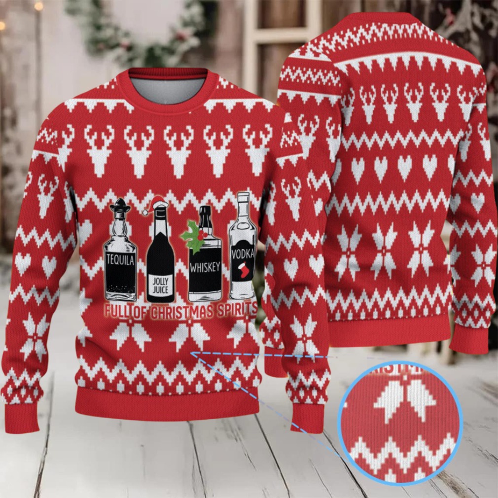 Red White Reindeer and Snowflake Pattern “Full of Christmas Spirits” Ugly Christmas Sweater Featuring Tito’s Handmade Vodka Red White Reindeer and Snowflake Pattern “Full of Christmas Spirits” Ugly Christmas Sweater Featuring Tito’s Handmade Vodka