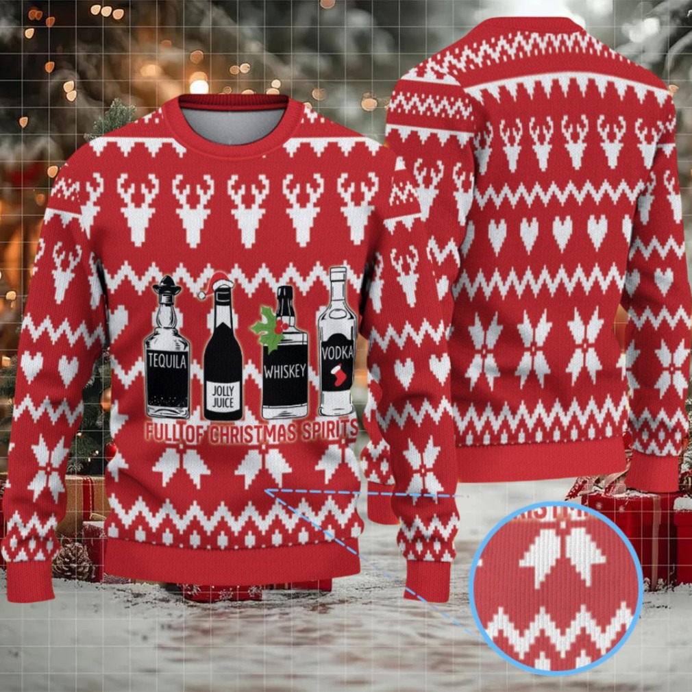 Red White Reindeer and Snowflake Pattern “Full of Christmas Spirits” Ugly Christmas Sweater Featuring Tito’s Handmade Vodka Red White Reindeer and Snowflake Pattern “Full of Christmas Spirits” Ugly Christmas Sweater Featuring Tito’s Handmade Vodka