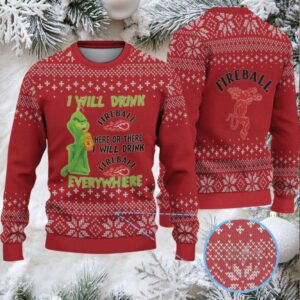 Red & White Snowflake Pattern “Fireball Cinnamon Whisky & Grinch” Ugly Christmas Sweater