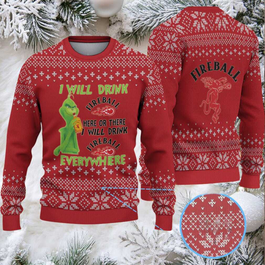 Red & White Snowflake Pattern “Fireball Cinnamon Whisky & Grinch” Ugly Christmas Sweater Red & White Snowflake Pattern “Fireball Cinnamon Whisky & Grinch” Ugly Christmas Sweater