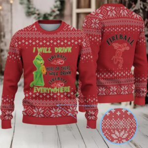 Red & White Snowflake Pattern “Fireball Cinnamon Whisky & Grinch” Ugly Christmas Sweater