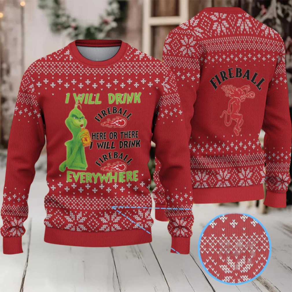 Red & White Snowflake Pattern “Fireball Cinnamon Whisky & Grinch” Ugly Christmas Sweater Red & White Snowflake Pattern “Fireball Cinnamon Whisky & Grinch” Ugly Christmas Sweater