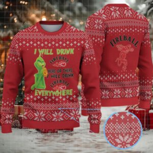 Red & White Snowflake Pattern “Fireball Cinnamon Whisky & Grinch” Ugly Christmas Sweater