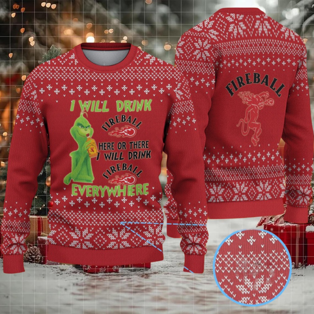 Red & White Snowflake Pattern “Fireball Cinnamon Whisky & Grinch” Ugly Christmas Sweater Red & White Snowflake Pattern “Fireball Cinnamon Whisky & Grinch” Ugly Christmas Sweater