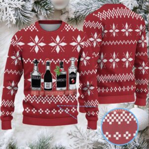 Red White Snowflake Pattern “Full of Christmas Spirits” Ugly Christmas Sweater Featuring Tito’s Handmade Vodka