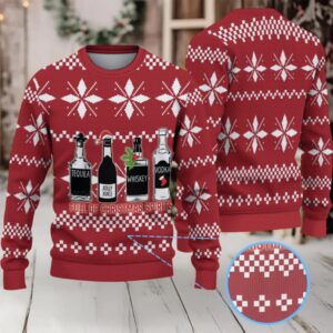 Red White Snowflake Pattern “Full of Christmas Spirits” Ugly Christmas Sweater Featuring Tito’s Handmade Vodka