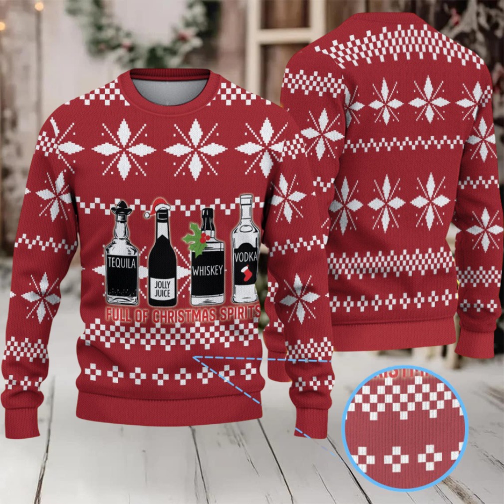 Red White Snowflake Pattern “Full of Christmas Spirits” Ugly Christmas Sweater Featuring Tito’s Handmade Vodka