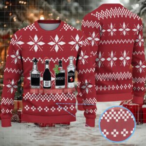 Red White Snowflake Pattern “Full of Christmas Spirits” Ugly Christmas Sweater Featuring Tito’s Handmade Vodka